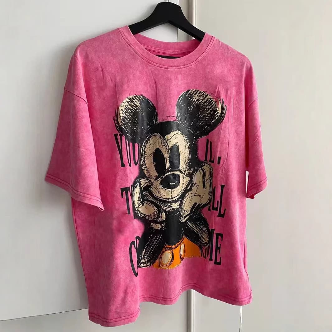 2025 Summer 3D Digital Print T-Shirt Loose Round Neck Sweet Style Washed Black/Rose Red Loose Fit Cross-Border Trade