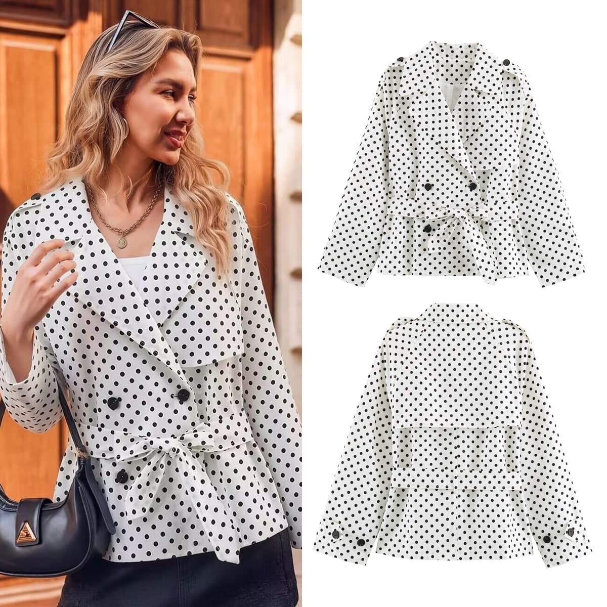 Cross-border Women's Fashion 2026 New European and American Style Loose Double-Breasted Belted Polka Dot Trench Coat A16033