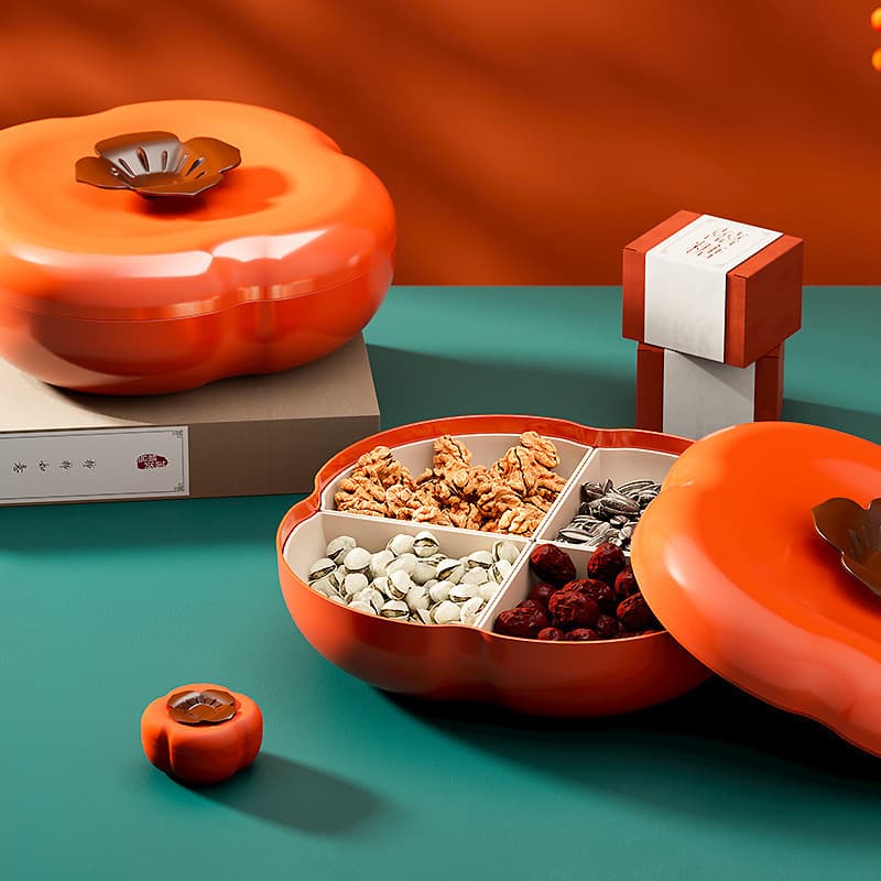 Persimmon Bliss Persimmon Fruit Plate, Dry Nut Box for New Year Snacks and Fruits, Lidded Household Living Room Plastic Nut Bowl