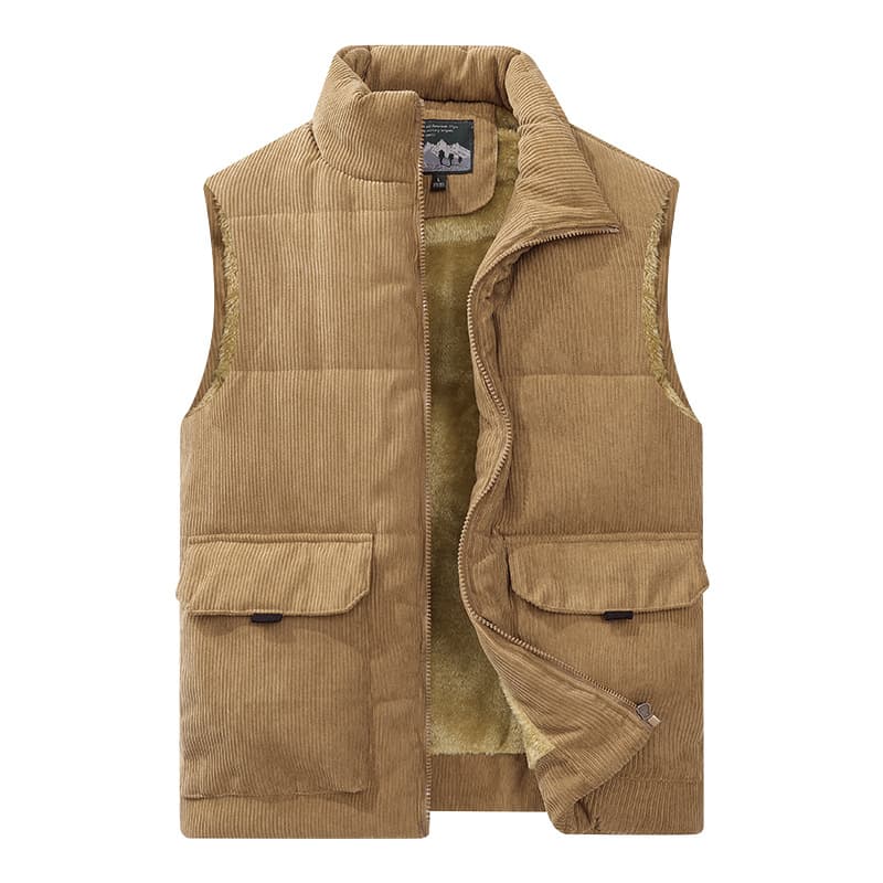 Men's Corduroy Vest, Fleece-lined and Thickened, Plus Size Stand Collar Vest, Multi-Pocket Workwear Down Cotton Vest, Trendy