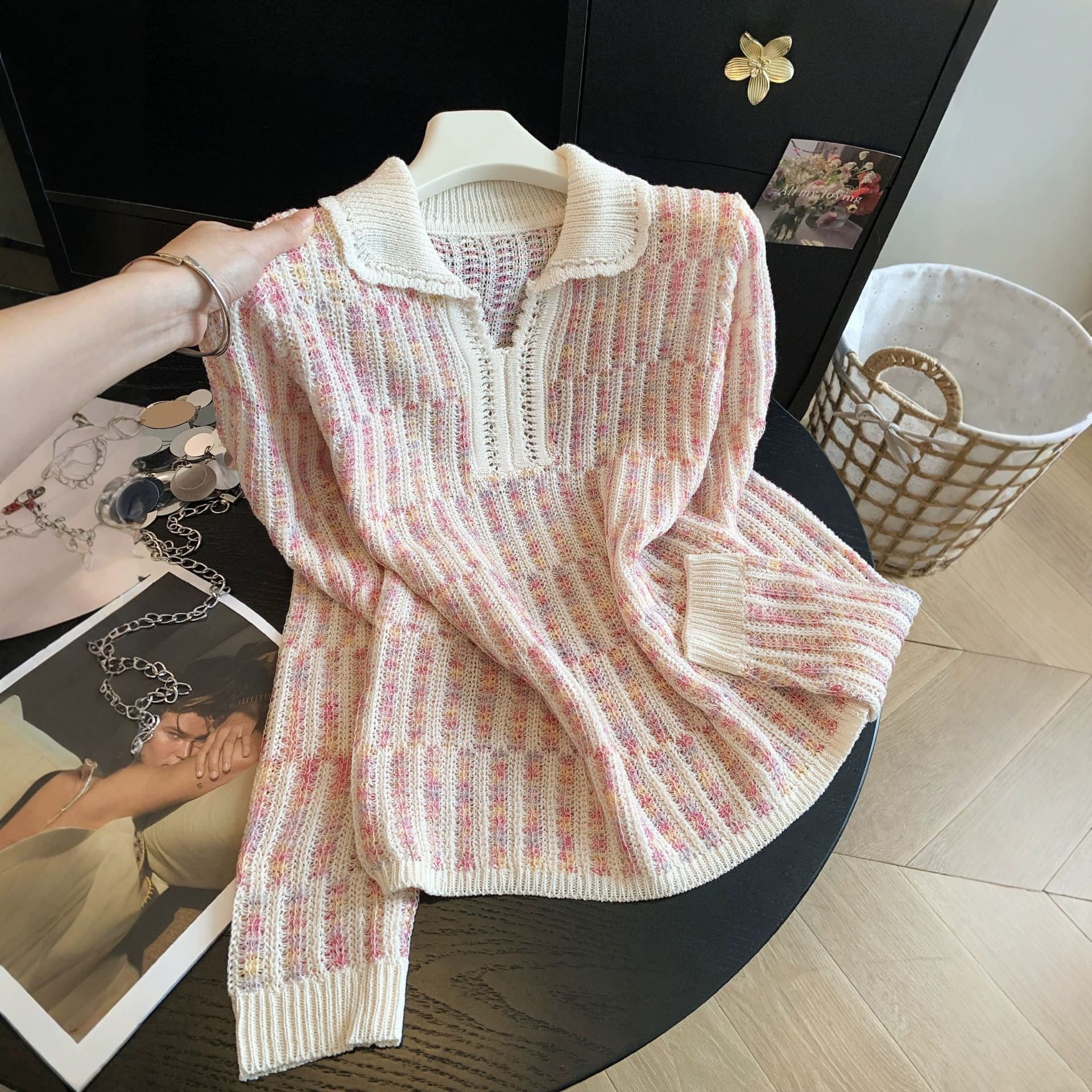 Xiaoxiang style striped hollow sweater for women 2026 autumn new style huge good-looking reverse collar casual versatile sweater