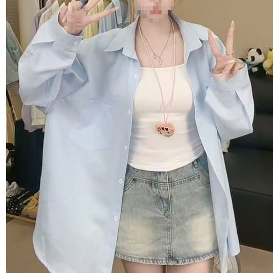 [Large Size] New Solid Color Shirt Women Casual Long Sleeve Loose Mid-Length Sun Protection Plus Size Shirt