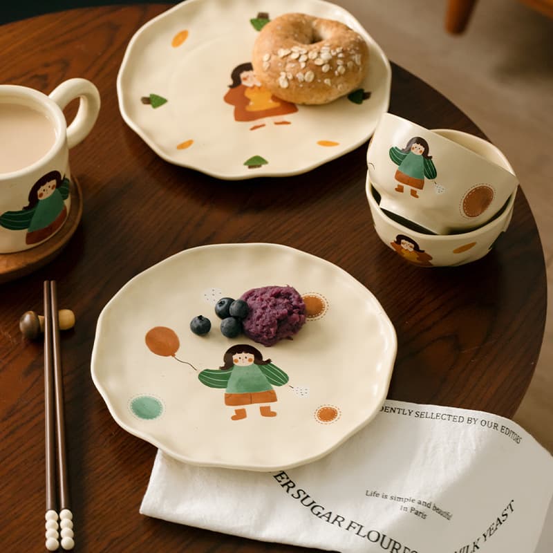 Vintage Women's Cute Cartoon Dinner Plate Home Use Ceramic Rice Bowl Small Mug Lid Vintage Girls Cute Dinner Plate