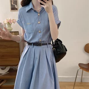 Cross-Border New French High-End Blue Striped Shirt Dress Women Summer Elegant Tucked Polo Maxi Dress