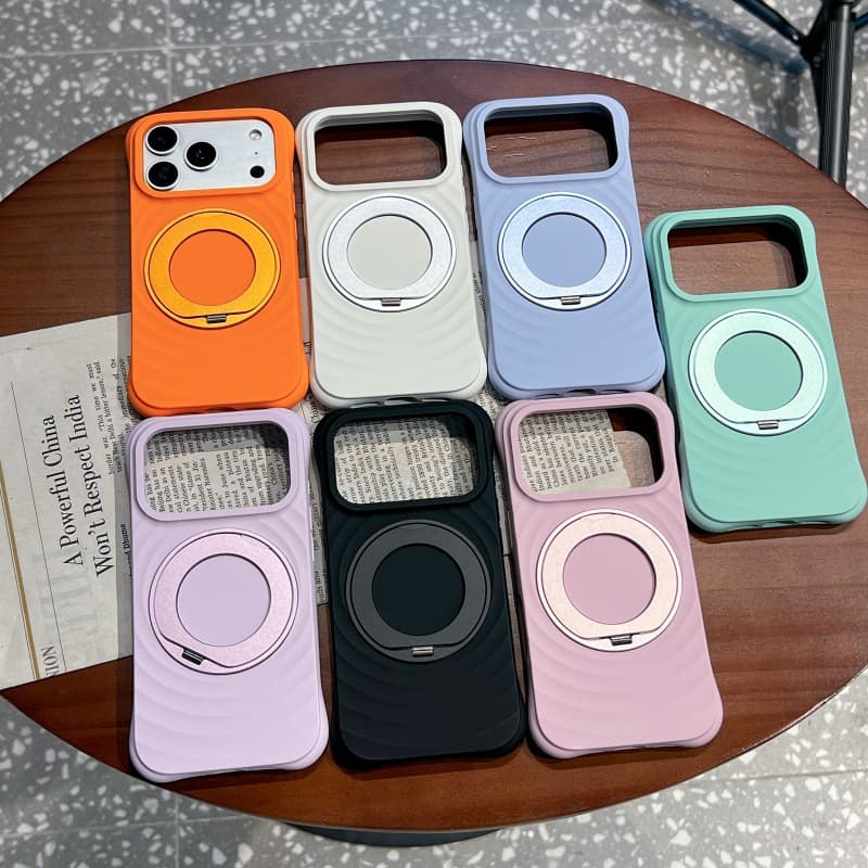 Compatible Apple 17promax Phone Case Liquid Silicone iPhone16 Magnetic Rotating Bracket Wave Protective Cover