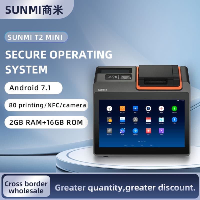 Cross-border Touch POS Machine - Sunmi T2 Mini Desktop Terminal with NFC Card Reader, Barcode Scanning, and Receipt Printing