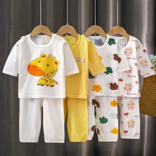 Children's Air Conditioning Suit Set Pure Cotton Baby Seven Sleeve Pajamas Boys Girls Summer Home Wear Thin Breathable Kids Clothing