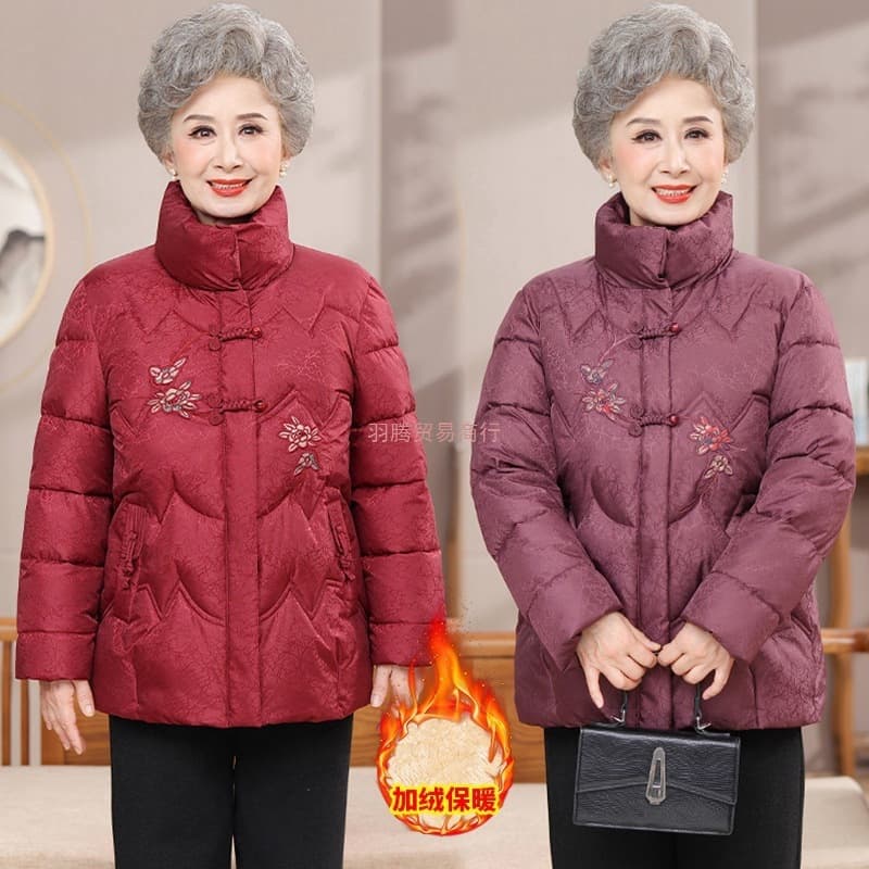 Middle-Aged and Elderly Grandma Cotton Jacket Fleece-Lined Thickened Style 2025 Winter New Stand Collar Embroidered Mother Thick Short Cotton Coat