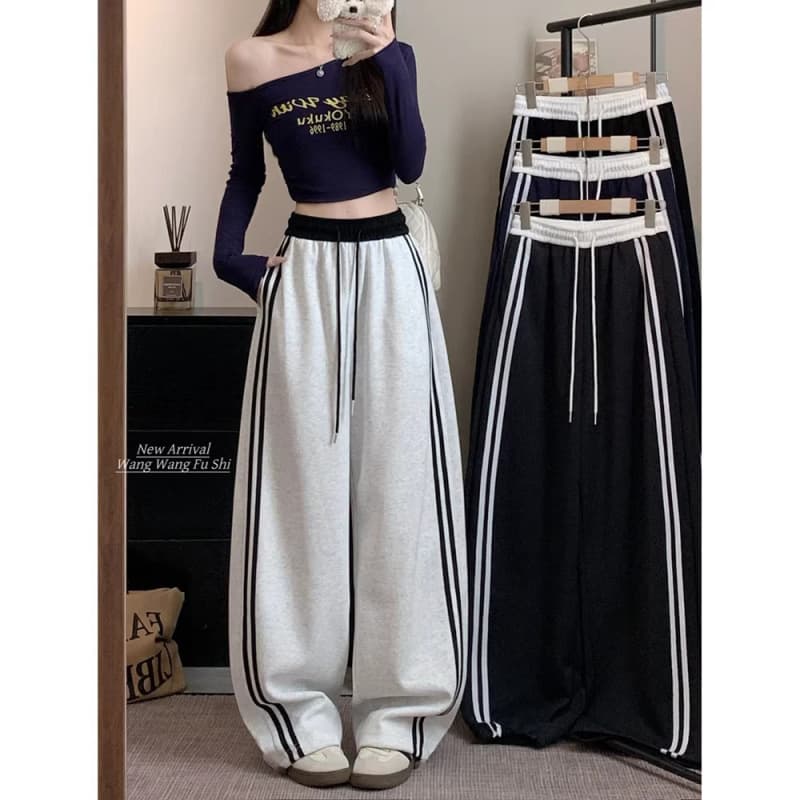 American Streetwear Hip-Hop Curved Knife Pants for Women, Spring/Summer Thin High-Waist Contrast Color Loose Slimming Side-Stripe Wide-Leg Pants