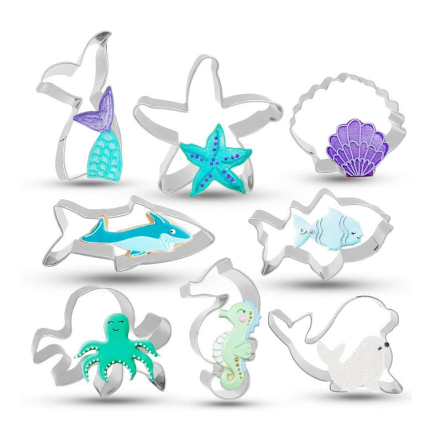 8-Piece Sea Creature Cookie Cutter Set Stainless Steel Cake Mold Baking Tool Starfish Octopus Biscuit Stamp Mold