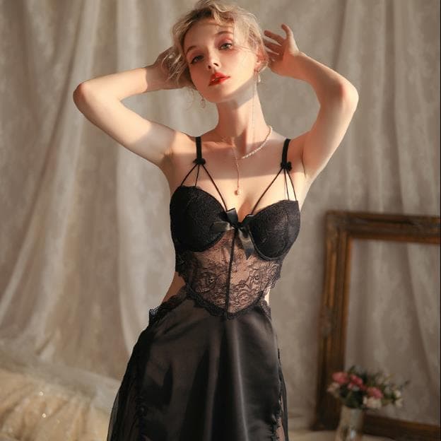 New Lingerie Set Sexy Lace Sheer Strap Chemise Split Nightgown Drop Shipping