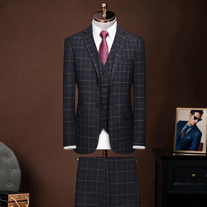 Suit men's suit slim plaid business professional formal three-piece suit for work interview groom wedding suit dress