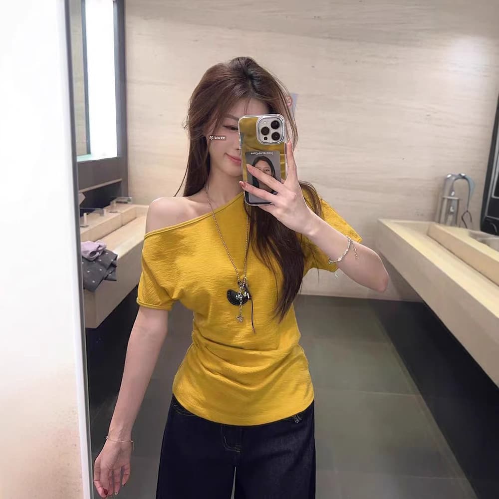 Crinkled Cotton Yellow One-Shoulder Short-Sleeve T-Shirt for Women, New Summer-Fall Slim Fit Short Crop Top, Sexy Style