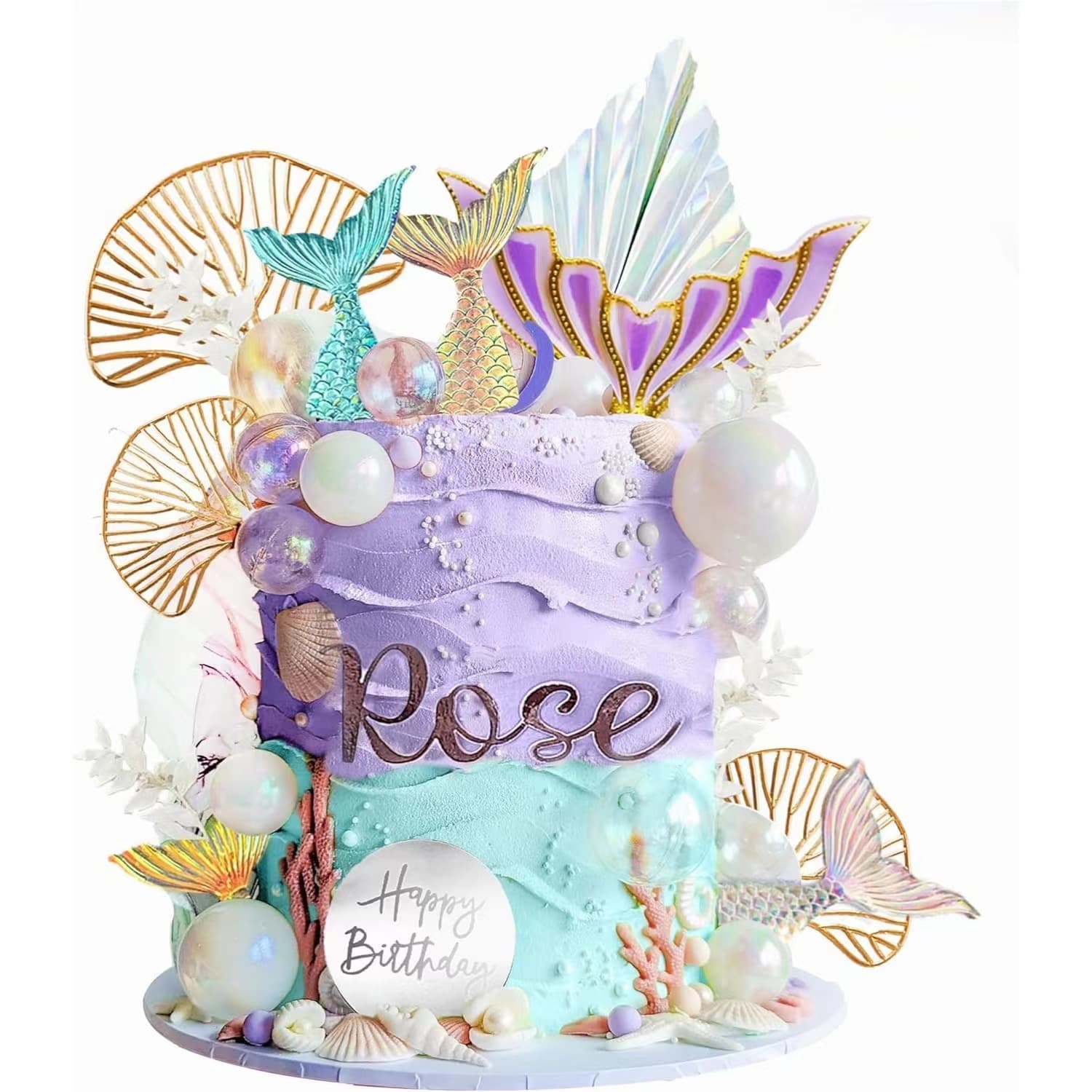 Mermaid Party Cake Decoration Mermaid Tail Transparent Pearl Ball Ginkgo Leaf Happy Birthday Insert Card