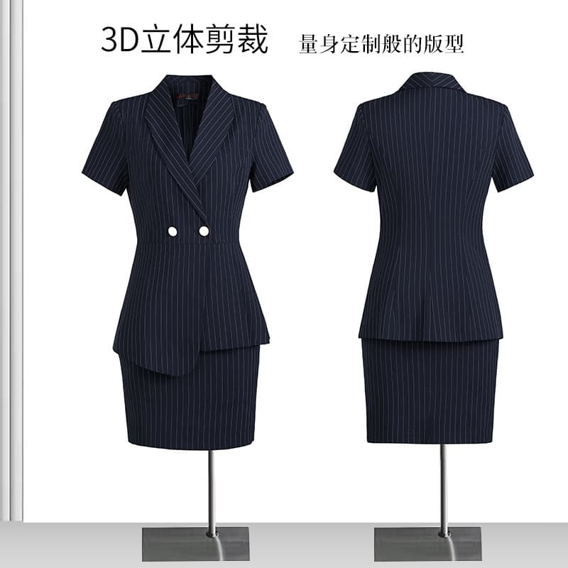 Qiguniang Striped Suit Set for Women Short Sleeve Summer Professional Front Desk Workwear Jewelry Store Blazer