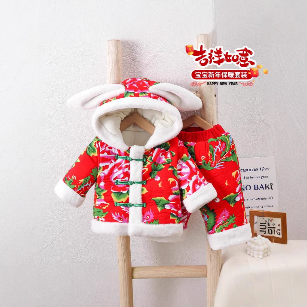 Baby Winter Cotton Padded Coat, Warm Infant Clothing, Thickened Fleece-Lined, Northeast Floral Print, New Year Outfit for Small Ages
