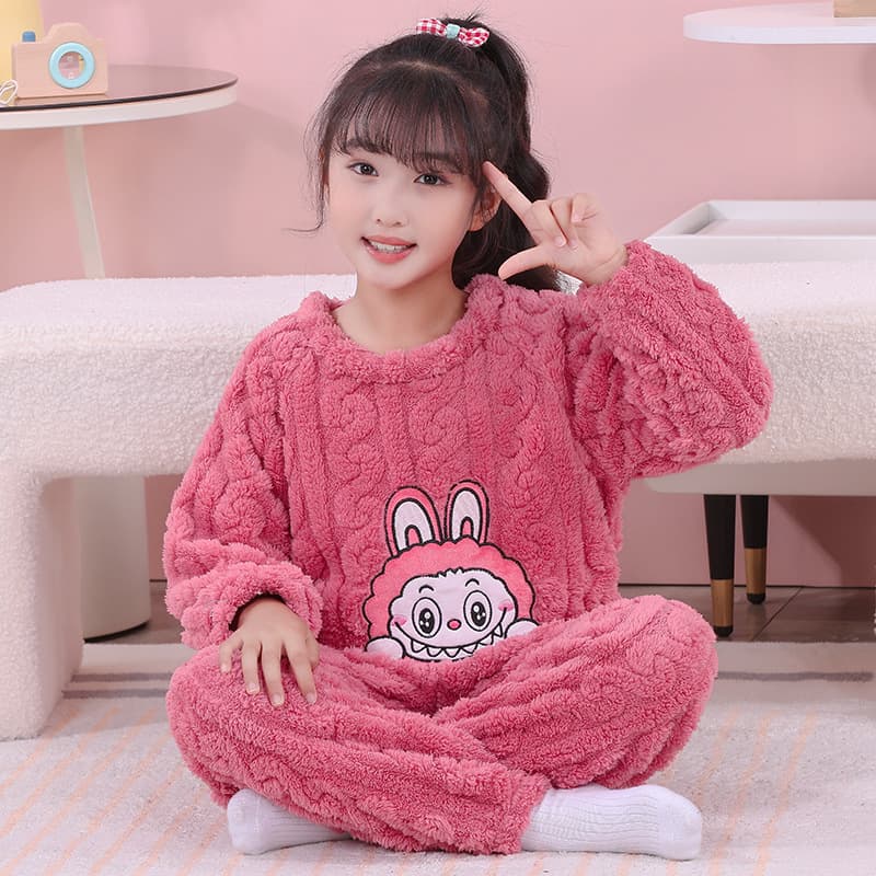 Girls' Jacquard Flannel Pajamas Winter Thick Warm Melody Cartoon Set Homewear Coral Fleece
