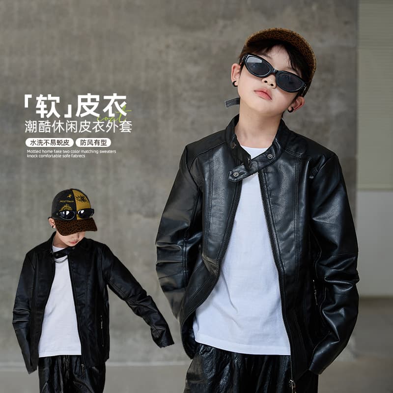 Korean-style Children's Spring and Fall New Leather Jacket Boys and Girls Baby Motorcycle Suit Long Sleeve Cross-border 2026