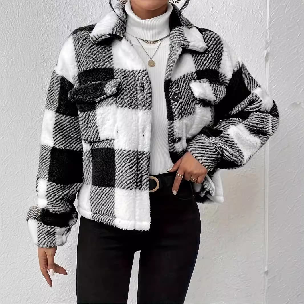 Women's Double-Sided Furry Button-Up Cardigan Casual Long Sleeve Comfortable Polyester Outerwear with Patch Pocket