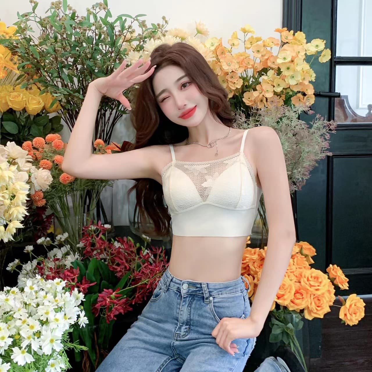 Lace Short Mesh Deep V Push-Up Camisole Summer Ice Silk Hollow Back Sexy Anti-Exposure Breathable Tube Top for Women