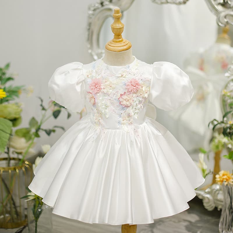 Birthday Children's Dress with Flowers, Sequins, Puff Sleeves, Princess Petticoat, Solid Color, for First Birthday Party, Banquet, Travel Photography, New Style