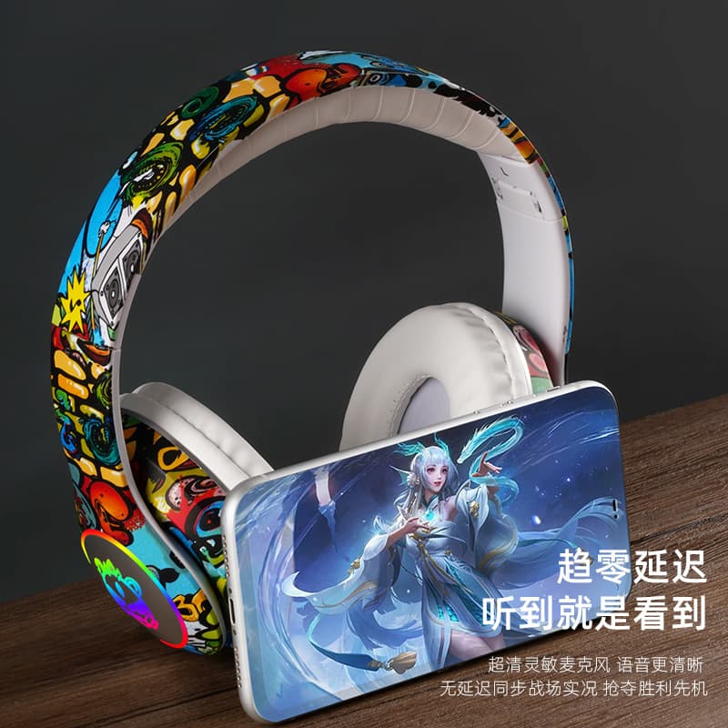 [New] Cross-border Over-ear Bluetooth Headphones with LED Light, TF Card Support, Graffiti Design, Wireless Bluetooth Headset