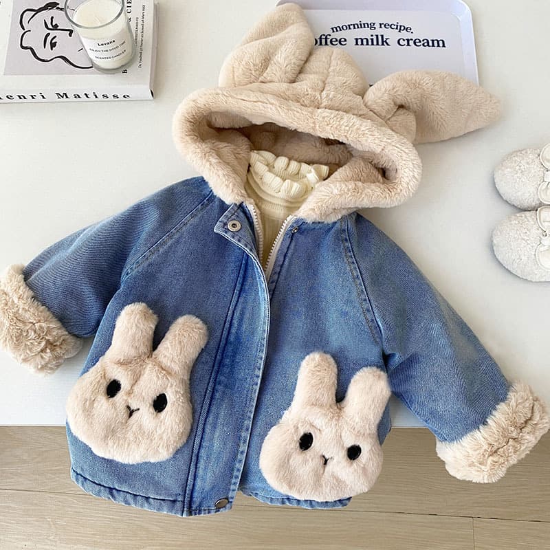 Girls' Fall Winter Fleece-Lined Denim Jacket Children's Winter Thickened Hooded Denim Coat Toddler Girls Top
