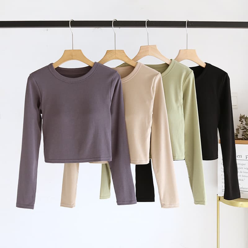Built-In Bra Crop Long-Sleeve Women's Autumn/Winter Inner Wear Can Be Worn Out, Slim-Fit Bra-Included Bustier Round Neck Short Top