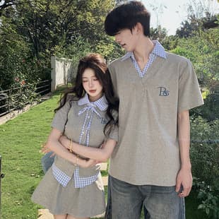 2026 Summer Couple Outfits Preppy Niche Design Waist Korean Women Short Sleeve A-Line Skirt Two-Piece Set