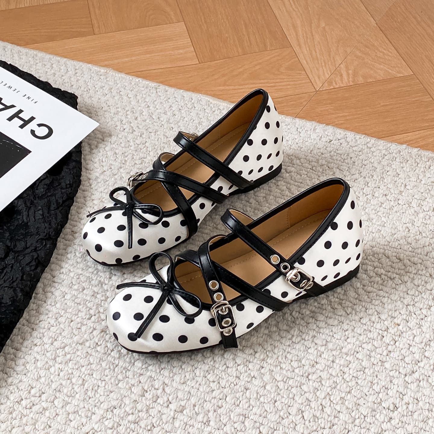French-Style Square-Toe Height-Increasing Mary Jane Shoes for Women, 2026 Summer New Polka Dot Single-Strap Ballet Flats