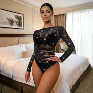Rhinestone Hollow Bodysuit for Women, Long-Sleeve Backless Mesh Sexy Nightclub Full Rhinestone Bodysuit Hot Girl Fashion Wear
