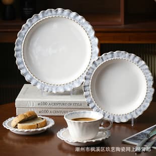 French Light Mist Blue Kiln-Transformed Ceramic Dinner Set, Underglaze Color Plate Bowl Dish Set, Western Dinner Plate Deep Plate Soup Bowl Tableware
