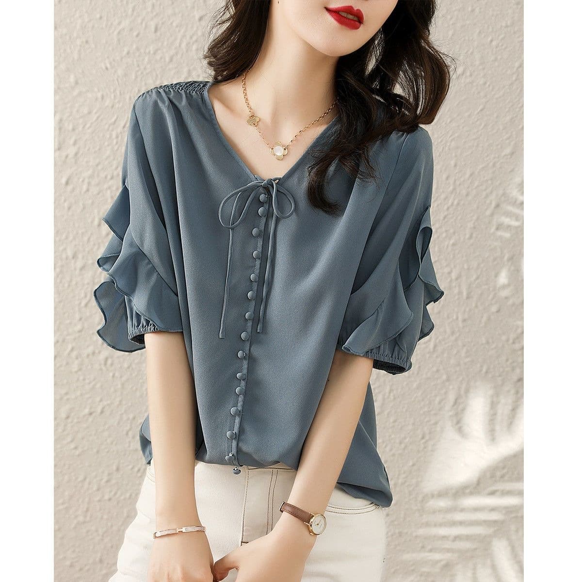 Summer collar ruffled temperament chiffon shirt women's trendy and slim new niche design top fashion 2026