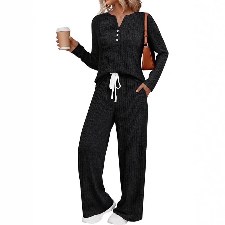 2025 New Cross-Border European and American Autumn/Winter Casual Knitted Ribbed Brushed Suit Loose Long-Sleeve Top and Pants Two-Piece Set