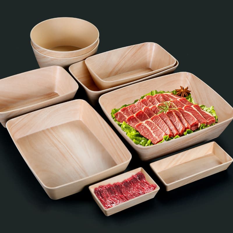 A5 melamine rectangular wood grain display tray for self-service rotating hot pot, sukiyaki vegetable platter, commercial hotel tableware.