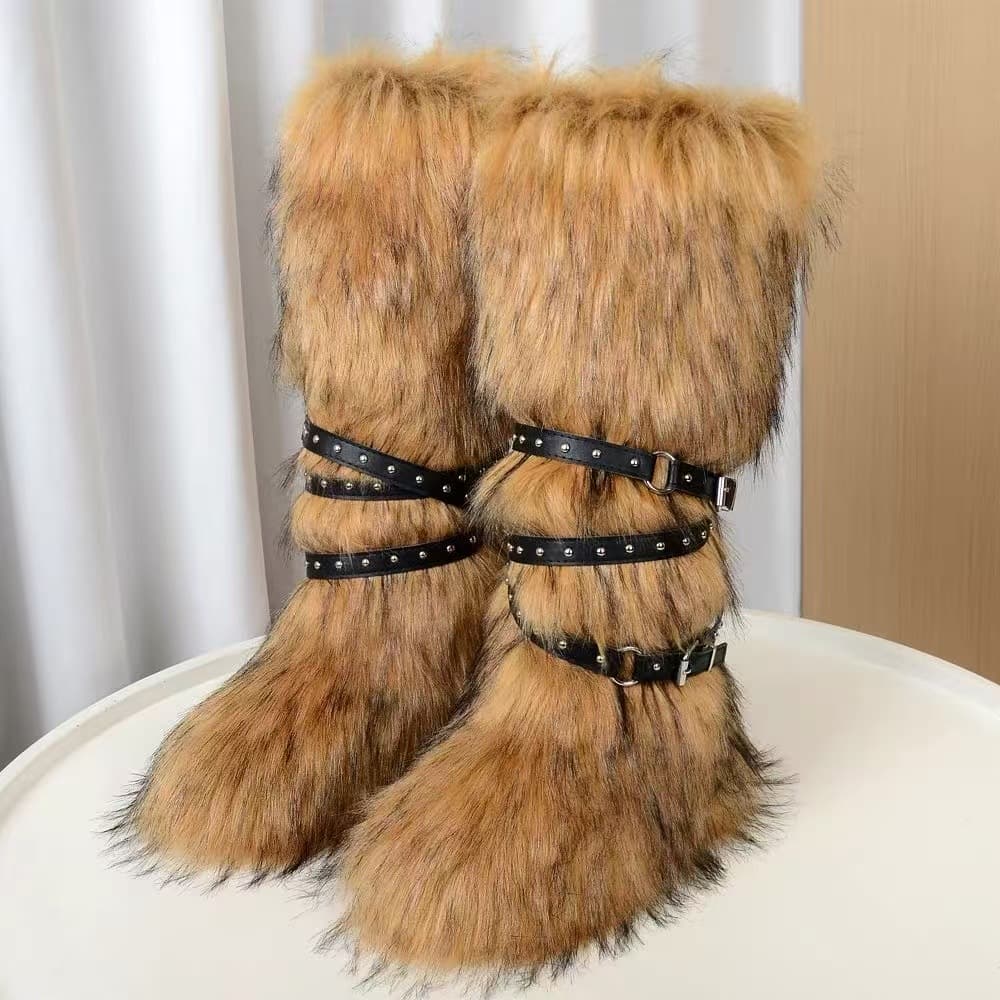 2026 New Fur Boots Light Luxury Street Trend Hip Hop Snow Boots Warm Thickened Belt Winter Style
