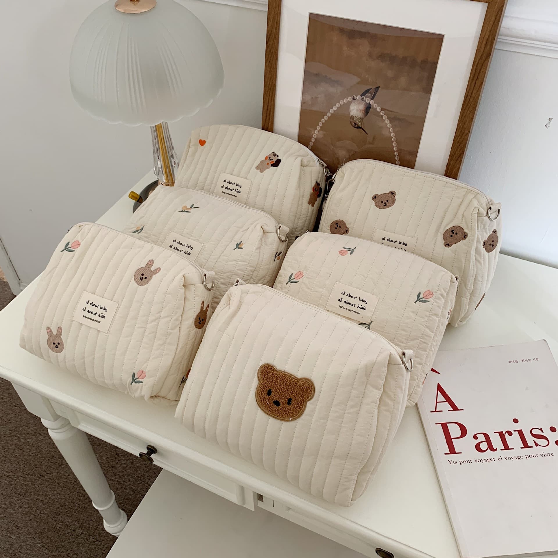 21131 ins style quilted embroidered baby cotton stroller hanging bag mommy bag storage cosmetic bag handbag