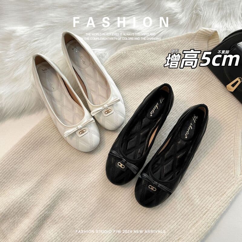 Lambskin Height-Increasing Quilted Bowknot Slip-On Mary Jane Shoes for Women, Round Toe, Shallow Mouth, Soft