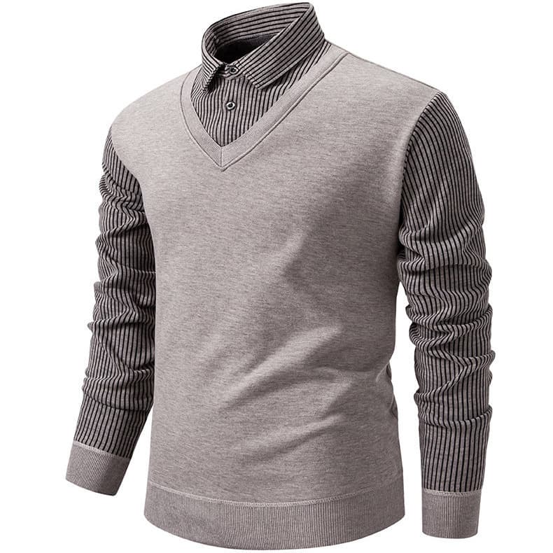 Cross-border 2024 Casual Men's Autumn and Winter Fleece-lined Long-sleeved Faux Two-Piece Knitwear Men's Color Block Slim Fit Sweater