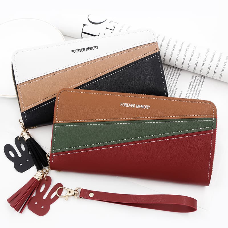 Korean style minimalist long women's wallet zipper coin purse patchwork leather color block fashion coin purse card slots handbag