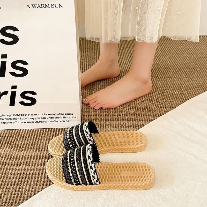 Xishuangbanna Dai Style Woven Straw Knit Sandals for Women, Summer New Arrival, Anti-Slip Outdoor Beach Flip Flops
