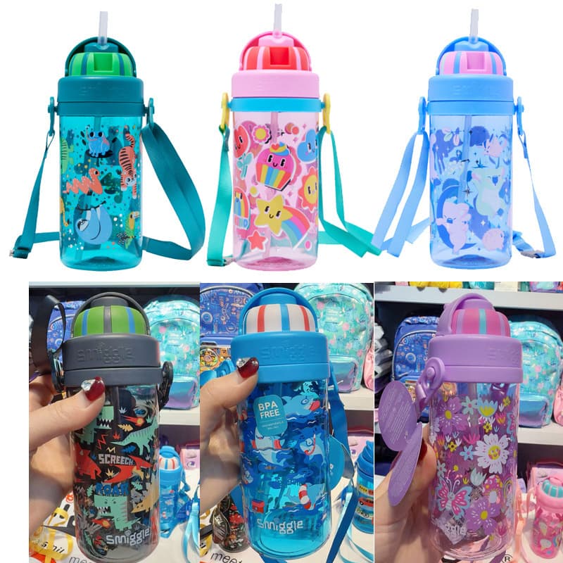 Australian Smiggle Water Bottle Hydration Sports Bottle Portable Crossbody Water Bottle for Kids with Straw Cartoon Design