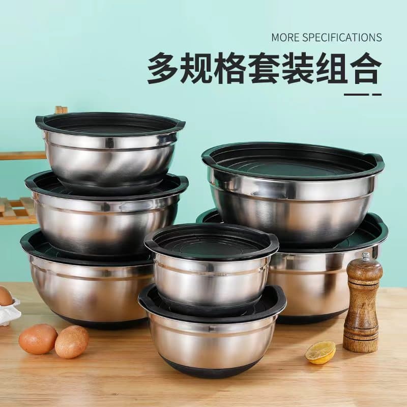 Wholesale Stainless Steel Egg Beating Bowl with Colored Non-Slip Silicone Base, Thickened Salad Bowl with Lid and Box