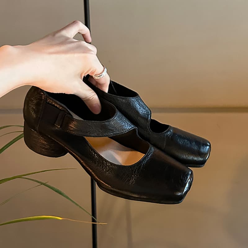 Ballet style single shoes for women genuine leather 2024 autumn high-end square toe thick heel Mary Jane shoes retro shallow mouth women's shoes