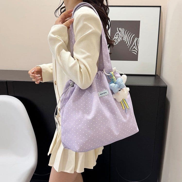 2026 Summer New Style Lazy Fashion Versatile Polka Dot Drawstring Handbag Simple Casual Commuter Shoulder Bag