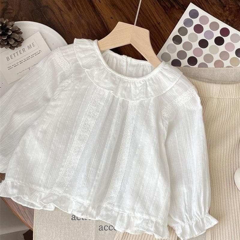 Slightly Chunky Spring/Autumn Shirt New Girls Vertical Stripe Thin Lotus Leaf Collar White Top Baby Doll Blouse Korean Style Toddler