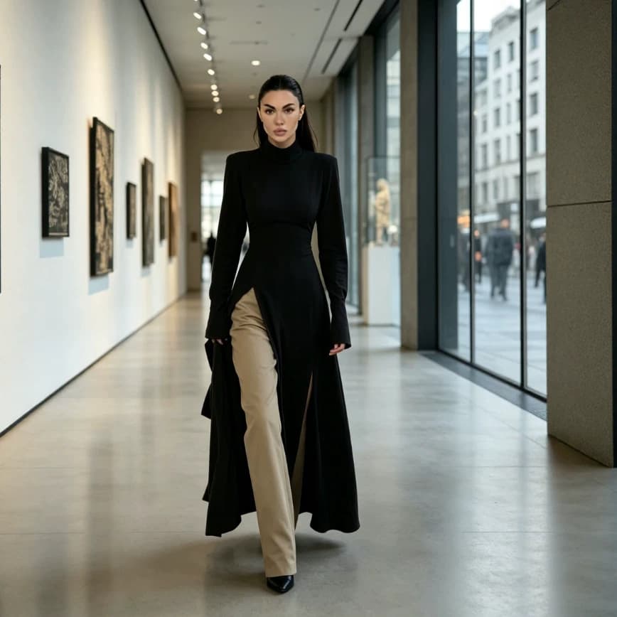 European and American Style High-Neck Padded Shoulder Long Slit Top for Women, Waist-Cinching, Slimming, Elegant, Suitable for Work, Long-Sleeve Outerwear Blouse