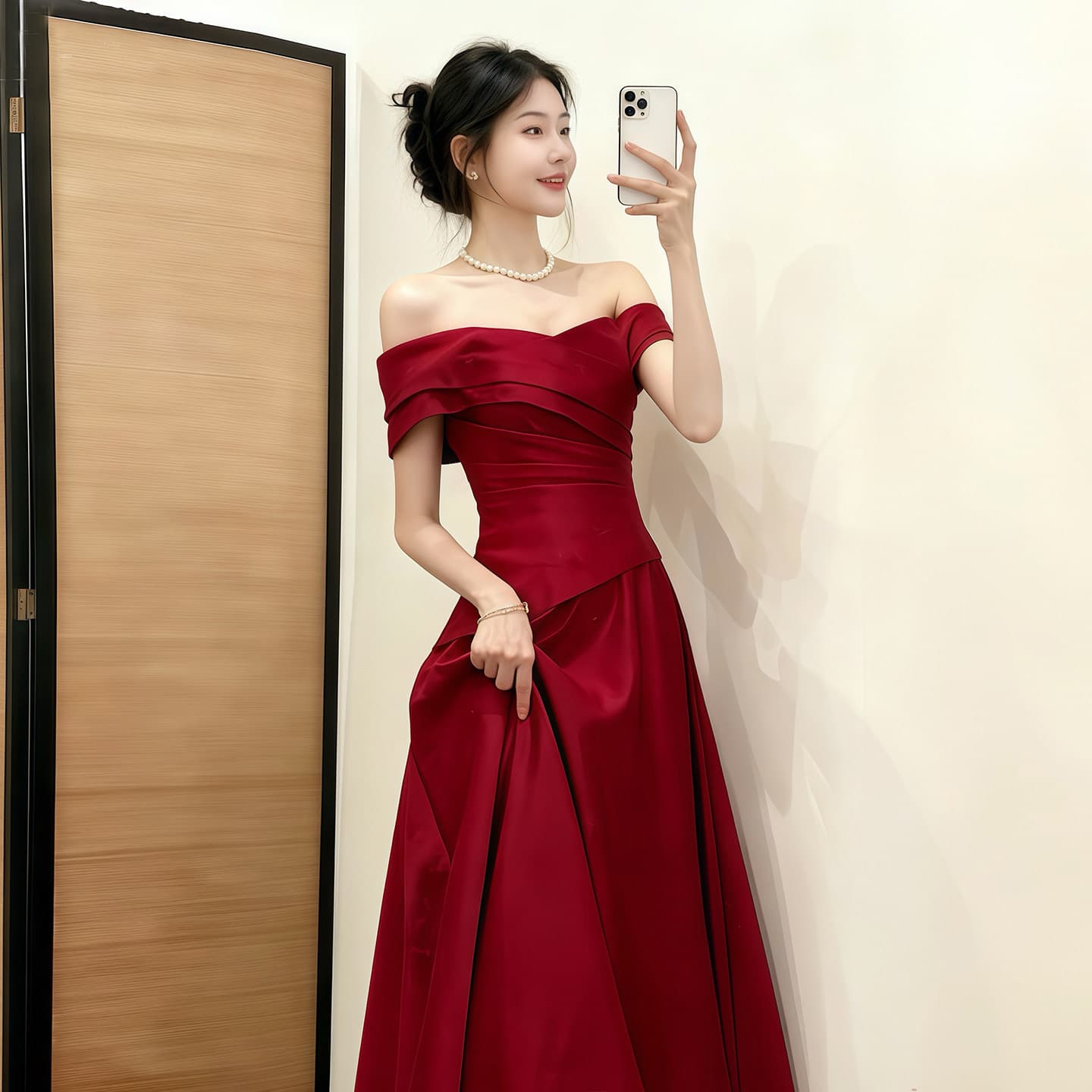One-shoulder toast dress, bride's French satin engagement dress, wedding return dress, birthday party burgundy dress