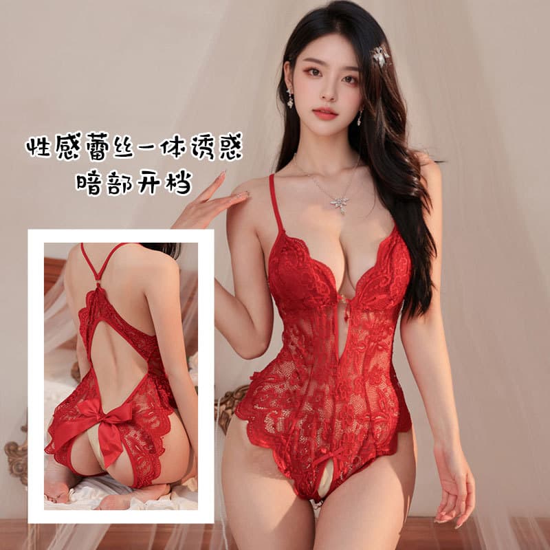 Sexy lace seductive open-crotch non-removable bodysuit with hot sheer spaghetti straps and padded cups for a revealing sleepwear look.