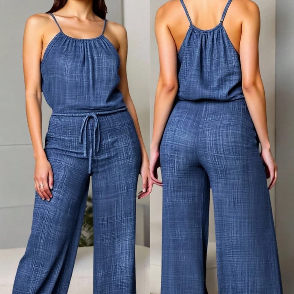 2026 European and American Women's New Fashion Cross-border Export Independent Station Sleeveless Solid Cotton Linen Drawstring Casual Jumpsuit